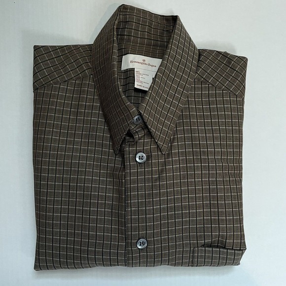 Ermenegildo Zegna Brown Striped Button Up Cotton/Wool Dress Shirt Made in Italy - Picture 3 of 9